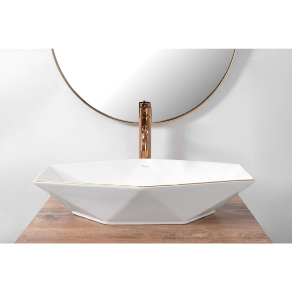 Lavoar REA VEGAS ROSE GOLD EDGE 57x37 cm, montaj pe blat, design deosebit, ceramica sanitara, Alb - Img 4