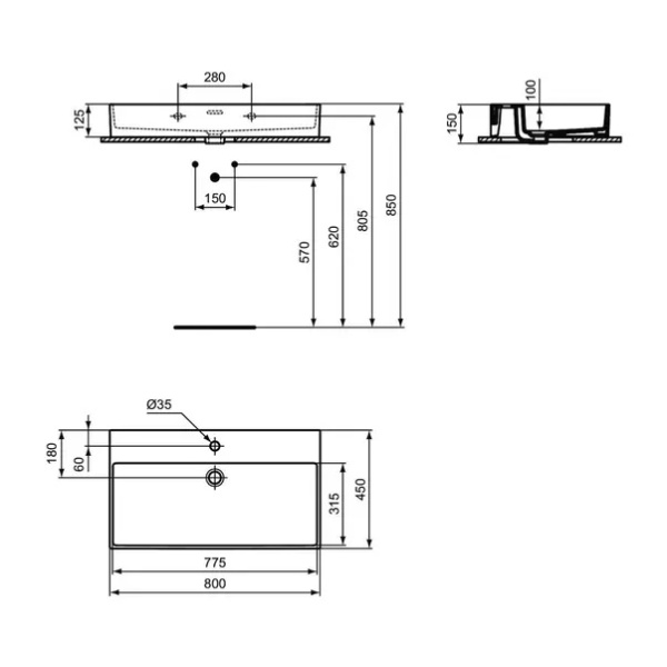 Lavoar suspendat Ideal Standard Atelier Extra alb lucios cu orificiu baterie si preaplin 80 cm - Img 11