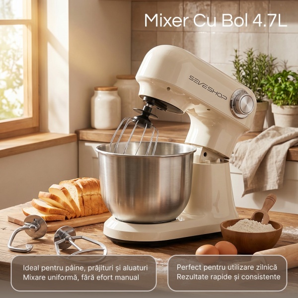 Mixer Cu Bol 4.7L SeveShop® Teendow, Din Inox, Mixer Profesional 1500W, 12 Trepte De Viteza, Mod Pulse, Cap Rabatabil, Accesorii Incluse Pentru Framantare, Mixare Si Batere, Mixer Bucatarie Pentru Aluat, Creme Si Deserturi, Culoare Alba - Img 2