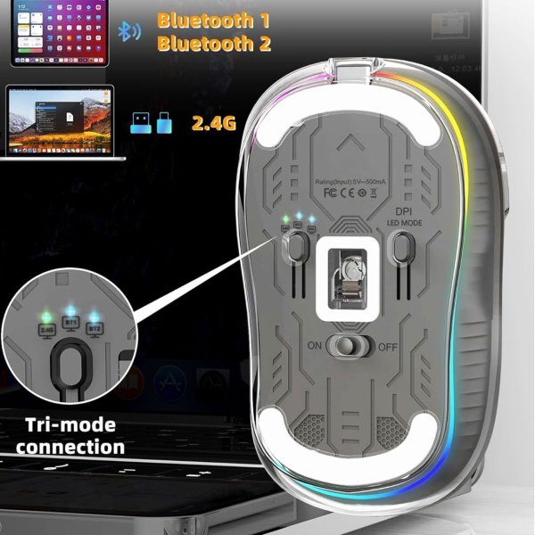 Mouse Wireless Transparent ODISSEY LIFE® Home &amp; Office, Reincarcabil, Silent click, Iluminare RGB, Triple-Mode, 2 recivere, compatibil MacBook/ipad/Laptop BT 5.1, magnetic cover, Black - Img 5