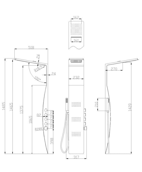 Panou de dus Aspen, Dimensiune 146,5x23,2x51,8cm, Margini negre, Culoare Alb - Img 2