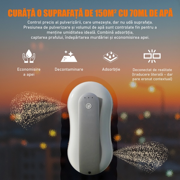 Robot Curatare Geamuri, SeveShop®, Robot Spalat Geamuri Cu Pulverizare Apa Bidirectionala, Stergator Electric Ultra-Subtire Pentru Sticla, Aspirator Geamuri Cu Control APP Si Telecomanda, Tehnologie iAdapt, Protectie Cvadrupla, Alb - Img 8