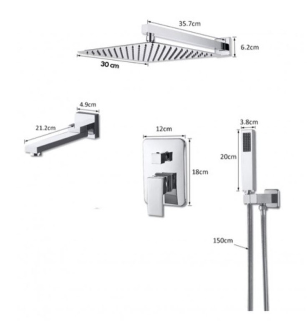 Set baterie crom PRO4 cu trei functii, pentru cada si dus , cu para patrata tip ploaie, baterie incastrata - Img 2