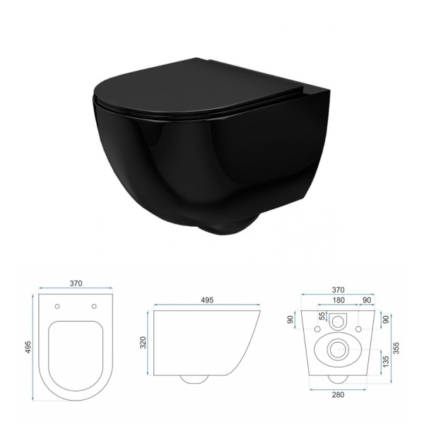Set Bideu si Vas WC REA CARLO Mini Rimless, Suspendat, Ceramica Sanitara, 49 X 37 X 35.5 cm, Capac Soft-Close Inclus, Negru Lucios - Img 6
