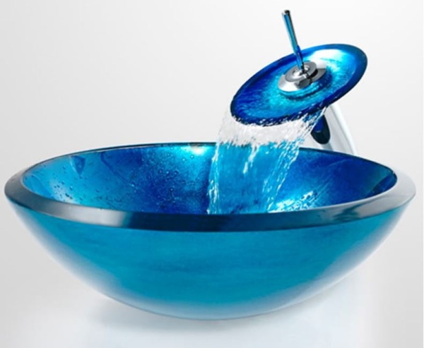 Set complet Chiuveta de blat PRO ERA GLASS si baterie, Forma rotunda, Dimensiuni 42 cm x 42 x 14 cm, Sticla temperata, Albastru - Img 3