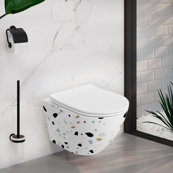 Set WC suspendat rimless cu capac inclus Spectrum Trendi Stone 35.5 x 51.5 cm alb mozaic - Img 2