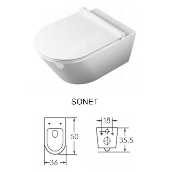 Vas WC PRO SONET SLIM Rimless, Suspendat, Ceramica, 50 x 36 x 35.5 cm, scaun duroplast soft-close, Alb - Img 6