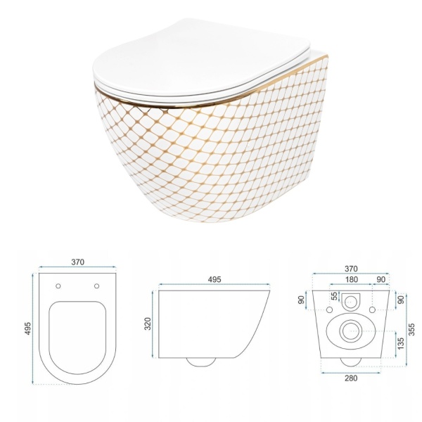 Vas WC REA CARLOS FLAT DIAMOND GOLD, Suspendat, Ceramica Sanitara, 49.5 X 37 X 32 Cm, Scaun Soft-Close Inclus, Forma Ovala, Alb/Auriu - Img 5