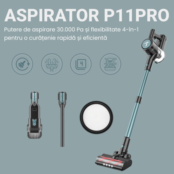 Aspirator Vertical, SeveShop®, P11 Pro 4 in 1 cu Putere 30000Pa, Motor 250W, Filtrare in 5 Etape cu HEPA Lavabil, Autonomie 50 Minute, Baterie Detasabila 22.2V, Perie cu LED, Sistem Anti-Incurcare, Capacitate 450ml, Tehnologie Cyclone, 1210x250x200 mm, Ve - Img 3