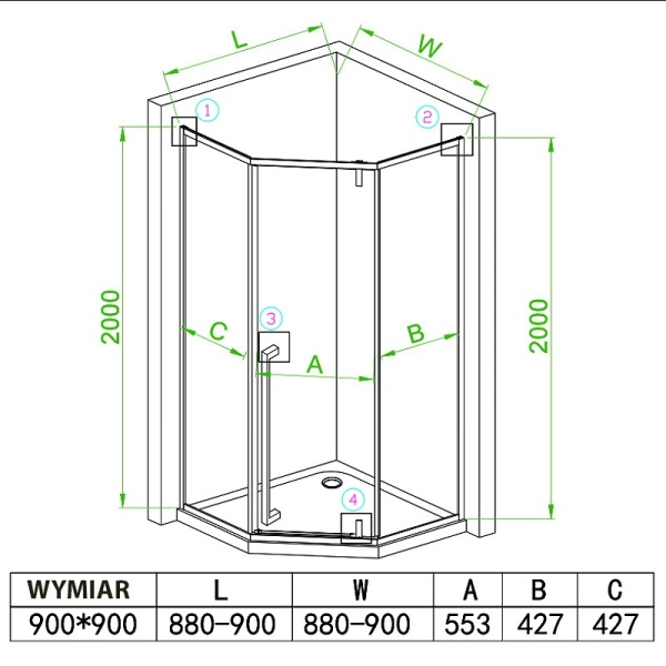 Cabina de dus BS07B Pentagonala 90x90cm, Negru+Cadita de dus SX07B, Culoare Negru - Img 4