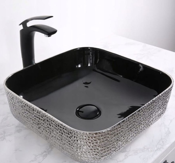 Chiuveta de blat PRO ERA RODO, Dimensiuni 39x 39x 14 cm, Forma Dreptunghiulara, Ceramica sanitara, Fara gaura baterie, Silver si negru - Img 2