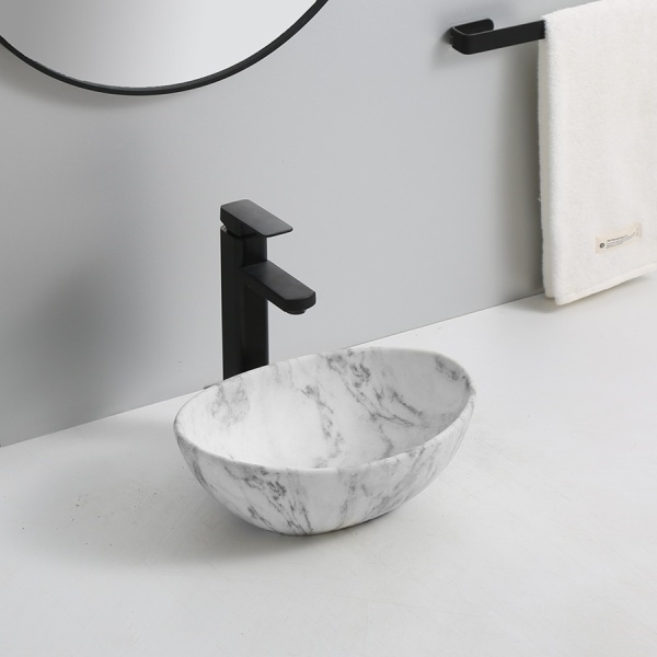 Lavoar De Blat PRO VERA GR, Montaj Pe Blat, Dimensiuni 40 X 33 X 14 Cm, Design Deosebit, Forma Ovala, Ceramica Sanitara, Marmura/Gri - Img 5