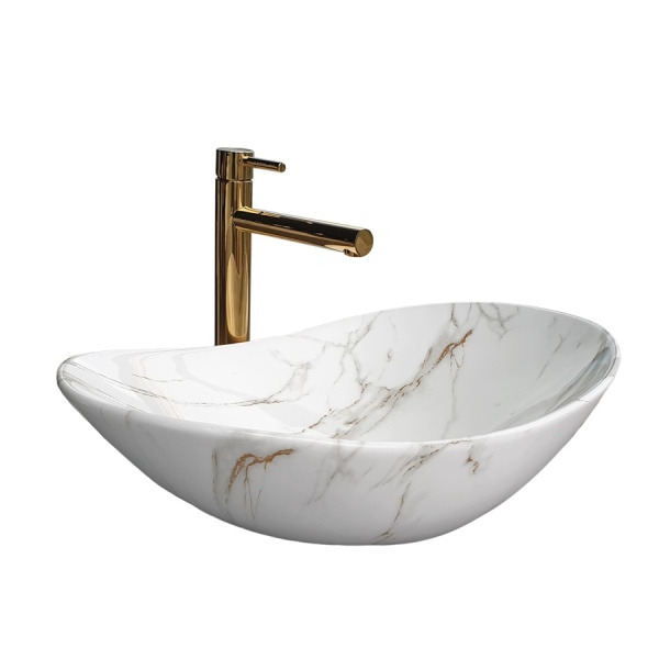 Lavoar De Blat PRO ZUZAN, Dimensiuni 60.5 X 36 X 15 Cm, Montaj Pe Blat, Design Deosebit, Forma Ovala, Ceramica Sanitara, Marmura/Gri - Img 7
