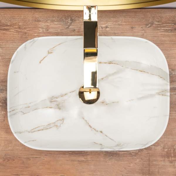 Lavoar De Blat REA BELINDA AIAX MARMURA, Dimensiuni 46 X 32 X 12.5 Cm, Montaj Pe Blat, Design Deosebit,Ceramica Sanitara, Maro/Alb - Img 3