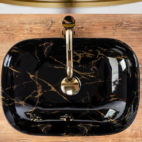 Lavoar de blat REA ERA BELINDA MARBLE LUCIOS, Dimensiuni 46.5cm x 33.5x 13.5cm, Ceramica Sanitara, fara gaura baterie, Negru - Img 3
