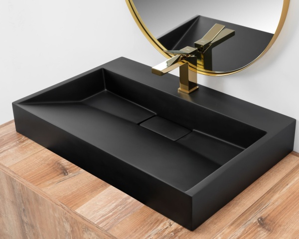 Lavoar De Blat REA Goya BLACK MAT 100CM, 100 x 45.5 x 14 X 9 Cm, Montaj Pe Blat, Design Deosebit, Placa De Conglomerat, Negru Mat - Img 2