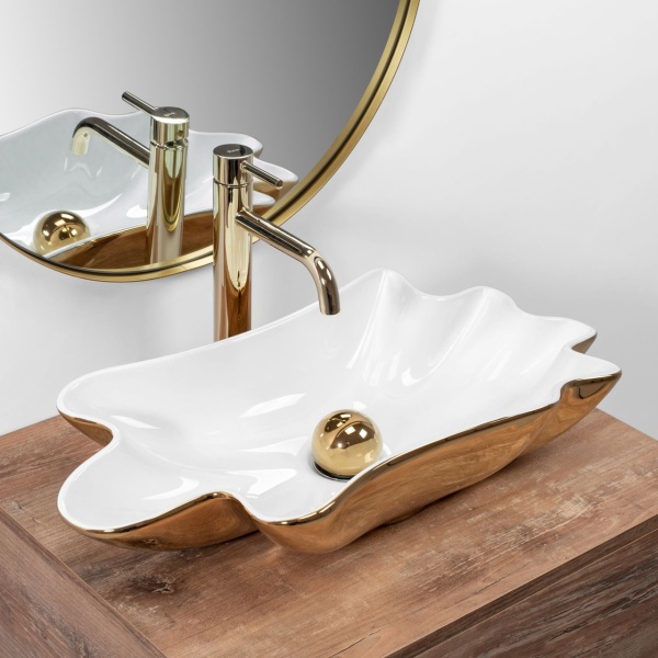 Lavoar De Blat REA INFINITY WHITE GOLD, Dimensiuni 62 X 33 X 11.5 Cm, Montaj Pe Blat, Design Deosebit,Ceramica Sanitara, Alb / Auriu + Dop Click-Clack - Img 2
