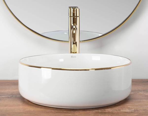 Lavoar De Blat REA SAMI GOLD EDGE, Dimensiuni 36 X 36 X 11.5 Cm, Forma Rotunda, Ceramica Sanitara, Alb/Auriu - Img 3