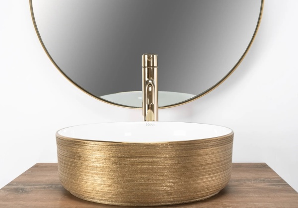 Lavoar De Blat REA SAMI WHITE BRUSH GOLD, Dimensiuni 36 X 36 X 11.5 Cm, Forma Rotunda, Ceramica Sanitara, Alb/Auriu - Img 2