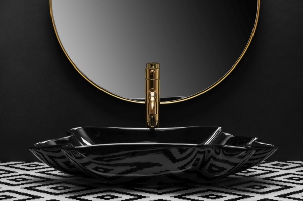 Lavoar De Blat REA SEA BLACK, Montaj Pe Blat, Design Deosebit, Forma Ovala - Ondulata, Ceramica Sanitara,Negru - Img 3