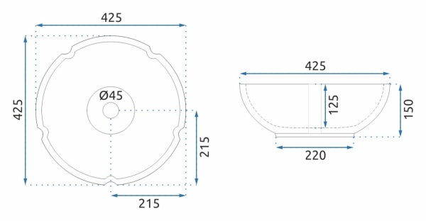 Lavoar de blat REA VIVIEN, 42.5x 42.5x 15 cm, Montaj Pe Blat, Design Deosebit, Forma Rorunda, Ceramica Sanitara, Alb/Albastru - Img 6