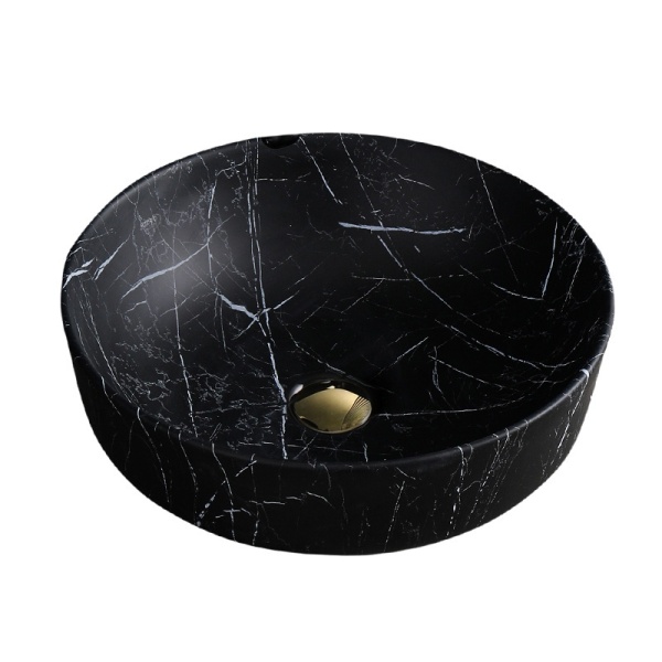Lavoar pe blat, Fino, marmura ceramica negru cu model alb, Rotund 41,5cm - Img 2