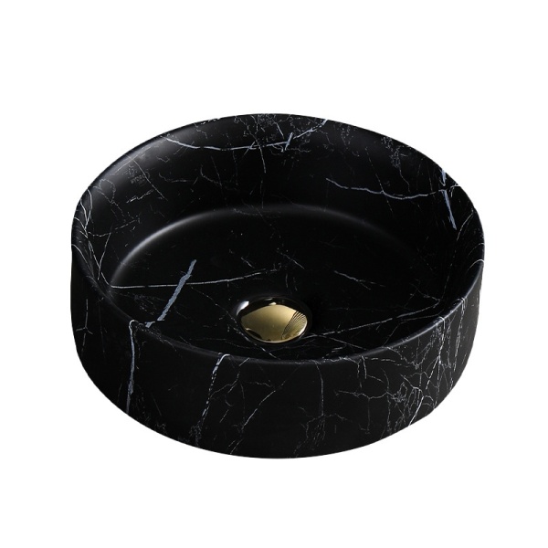 Lavoar pe blat, Lava, marmura ceramica negru cu model alb, Rotund 36cm - Img 4