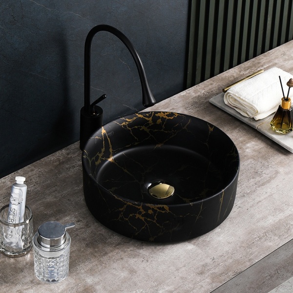 Lavoar pe blat, Lava, marmura ceramica negru cu model auriu, Rotund 36cm - Img 5