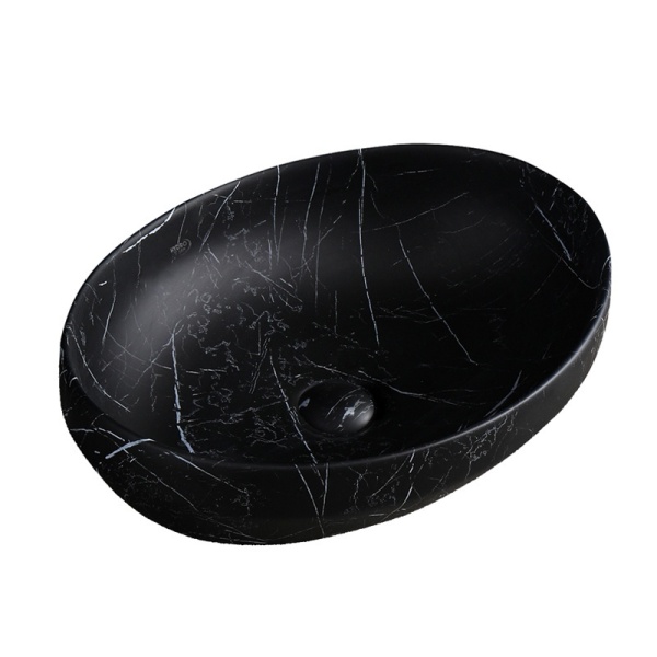 Lavoar pe blat, Lumo, marmura ceramica negru cu model alb, Oval 50x37.5x14.5cm - Img 6