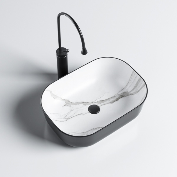 Lavoar pe Blat, Milo, Marmura Ceramica Alb cu Model Marmura Interior-Negru Mat Exterior , Dreptunghiular 45,5 x 32,5 x 13,5 cm - Img 10