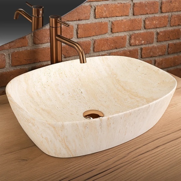 Lavoar pentru blat oval cu finisaj mat Freja Travertine Matt imitatie piatra - Img 2