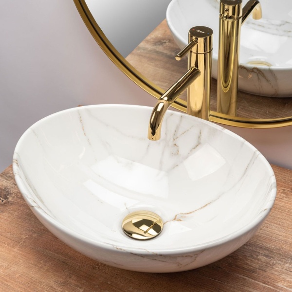 Lavoar REA Sofia AIAX Shiny, 41x34.5x15 cm, montaj pe blat, design deosebit, ceramica sanitara, Imitatie Marmura - Img 3