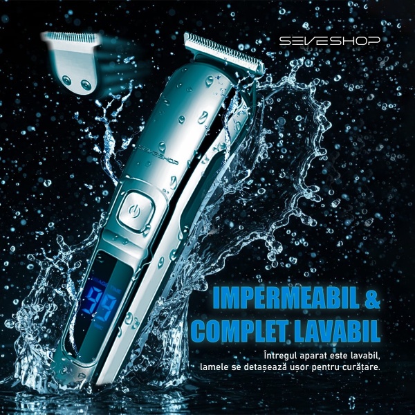 Masina de Tuns si Aparat de Ras, Profesional SeveShop - IPX7, 11 Piese, Trimmer, Tuns Par, Barba, Mustata, Nas, Ureche, Corp, Design Ergonomic, Lame din Otel Inoxidabil cu Auto-Ascutire, Reincarcabil cu USB, Display LED, Zgomot Redus, Negru Glossy - Img 2