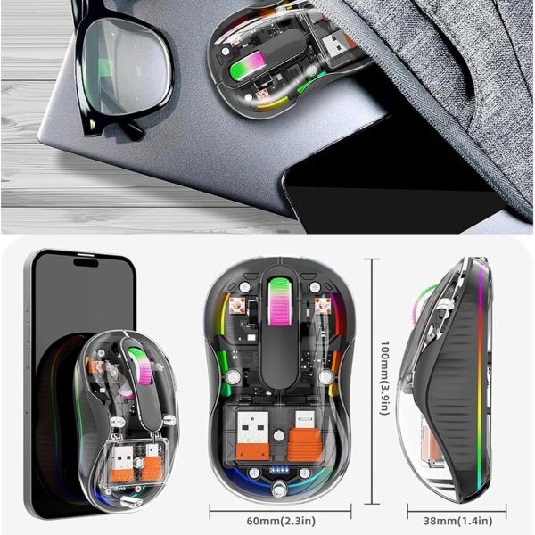 Mouse Wireless Transparent ODISSEY LIFE® Home &amp; Office, Reincarcabil, Silent click, Iluminare RGB, Triple-Mode, 2 recivere, compatibil MacBook/ipad/Laptop BT 5.1, magnetic cover, Black - Img 6