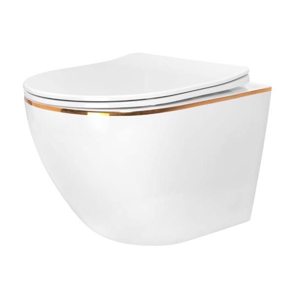 Set Bideu REA CARLO MINI si Vas WC REA CARLO MINI FLAT EDGE, Montaj suspendat, Ceramica sanitara, Capac Soft-Close inclus, Alb/Auriu - Img 3