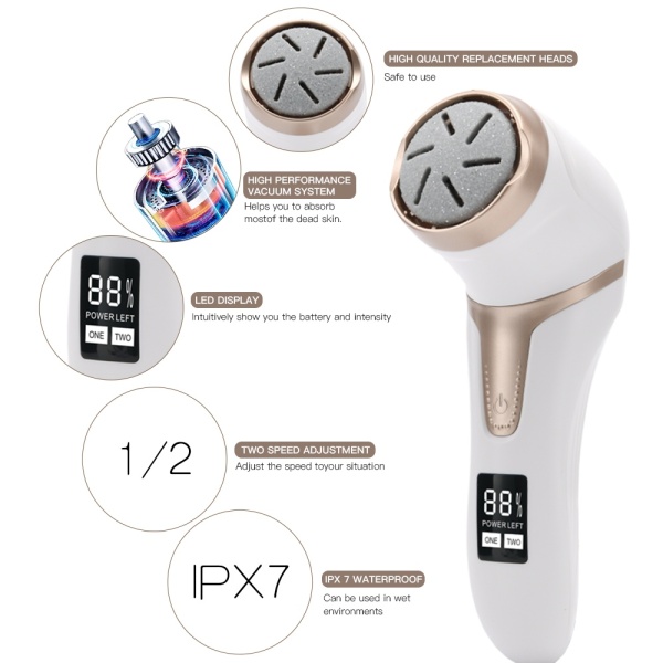 Set Pila Electrica pentru Talpi si Calcaie SeveShop, Display Digital, Acumulator 1200 mAh, Incarcare USB, Impermeabil, 2 Viteze 2400 Rot/min, 3 Capete Incluse pentru Indepartarea Pielii Moarte si Calusurilor, LED Lanterna pentru Utilizare Usoara, Alb - Img 6