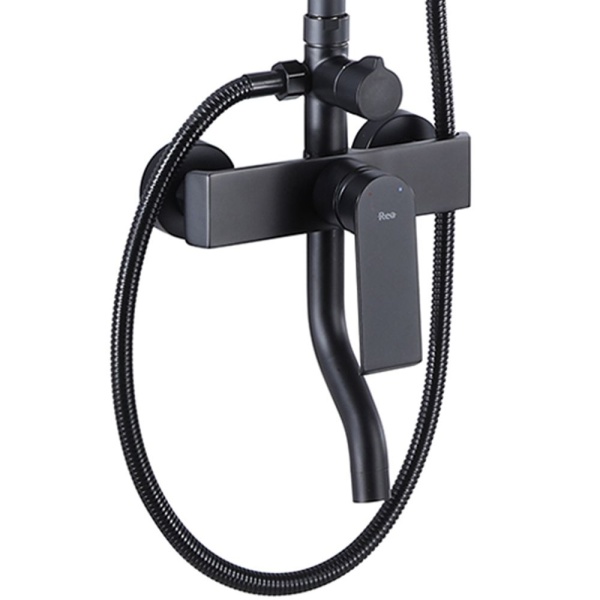 Sistem Complet De Dus REA HASS BLACK, Montaj Pe Perete, Para Dreptunghiulara Tip Ploaie 19,5 x 26,5 Cm, 3 Functii , Finisaj Negru Mat - Img 2