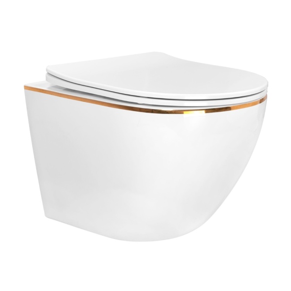 Vas WC REA CARLO Gold Edge, suspendat, ceramica sanitara, 49 x 37, Capac Soft-Close Inclus, Design Unic, Auriu - Img 6