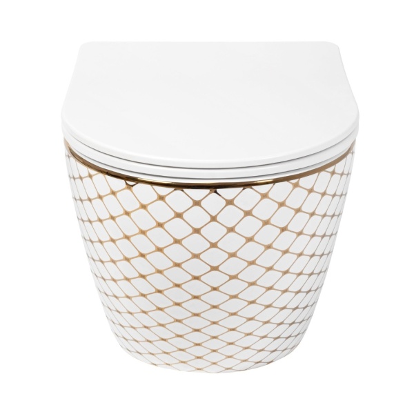 Vas WC REA CARLOS FLAT DIAMOND GOLD, Suspendat, Ceramica Sanitara, 49.5 X 37 X 32 Cm, Scaun Soft-Close Inclus, Forma Ovala, Alb/Auriu - Img 2