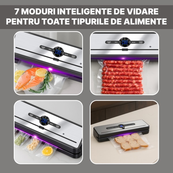 Aparat de Vidat si Sigilat Alimente SeveShop®, Bare de Lipire 30 cm, 7 Moduri de Operare, Uscat, Umed, Lichid, Display LED Tri-Color, Cutter Integrat, Tava Detasabila, Aparat Vidat cu Furtun pentru Recipiente, Sigilare 5 kg, Aparat Vidat Alimente Negru - Img 4