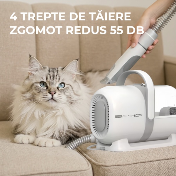 Aspirator Animale 13 in 1 SeveShop®, Grooming, Toaletarea Animalelor De Companie, Aparat De Tuns Cu 6 Accesorii Interschimbabile, Aspirator Animale, Perie Pentru Descurcare Si Textile, Aspirare Par, 4 Trepte De Taiere, Silentios, Alb - Img 5