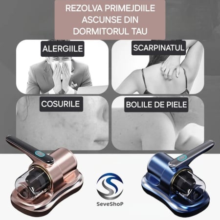 Aspirator Antiacarieni SeveShop® cu raze UV, Filtru HEPA, reincarcabil la USB, ergonomic, pentru /Dormitor/ Lenjeria De Pat/ Perne/ Canapea/ saltea/ par animale si praf, Gold - Img 8