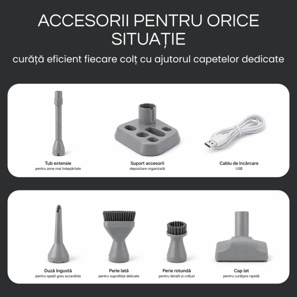 Aspirator Mana Portabil, SeveShop®, Aspirator Fara Fir Wireless, Aspirator Portabil Cu Filtru HEPA, Putere 100W, 7.4V, Autonomie 30–60 Min, Aspirator Mana Cu Capacitate 0.2L, Ideal Pentru Casa Birou Si Masina, Compact Si Usor, Curatare Wet &amp; Dry, Argintiu - Img 8