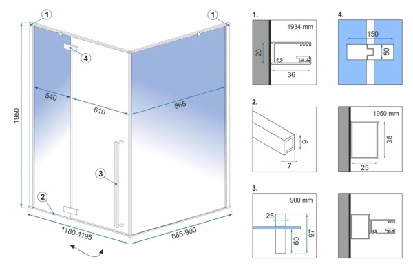 Cabina de dus FARGO, Dimensiune 120x90cm, Culoare Gold - Img 5