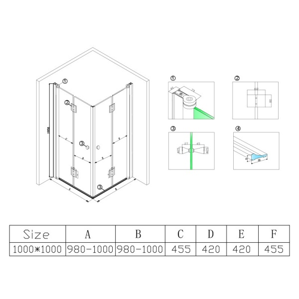 Cabina de dus patrata BS08C, Dimensiune 100x100cm, Culoare Negru - Img 2