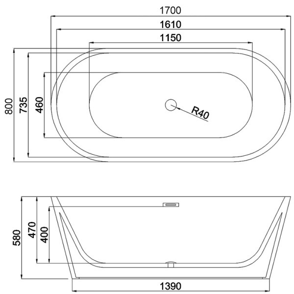 Cada de baie Lisbona 502C, Dimensiune 170x80cm, Culoare Alb, Deversor Negru - Img 3