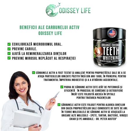 Carbune activ BIO pentru albirea dintilor Odissey Life fabricat in SUA, pudra organica din carbune activ nuca de cocos, 30 g - Img 4