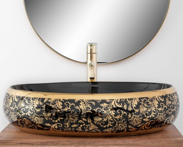 Chiuveta de blat REA Meryl Black, 60x40.5 x 14.5 cm, Montaj Pe Blat, Design Deosebit, Ceramica Sanitara, Negru / Auriu - Img 2
