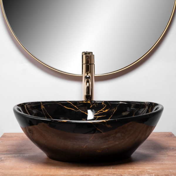 Chiuveta de blat REA SOFIA BLack Marble, Dimensiuni 41 x 34.5x 15 cm, Forma Ovala, Ceramica sanitara, Negru/Auriu - Img 4