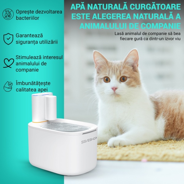 Dispenser apa automat SeveShop tip adapator fantana pentru pisici si caini, ultra silentios, 2 moduri fantana, sistem recirculare si filtrare carbon activ, 3,8 L, adaptor priza, alb - Img 5